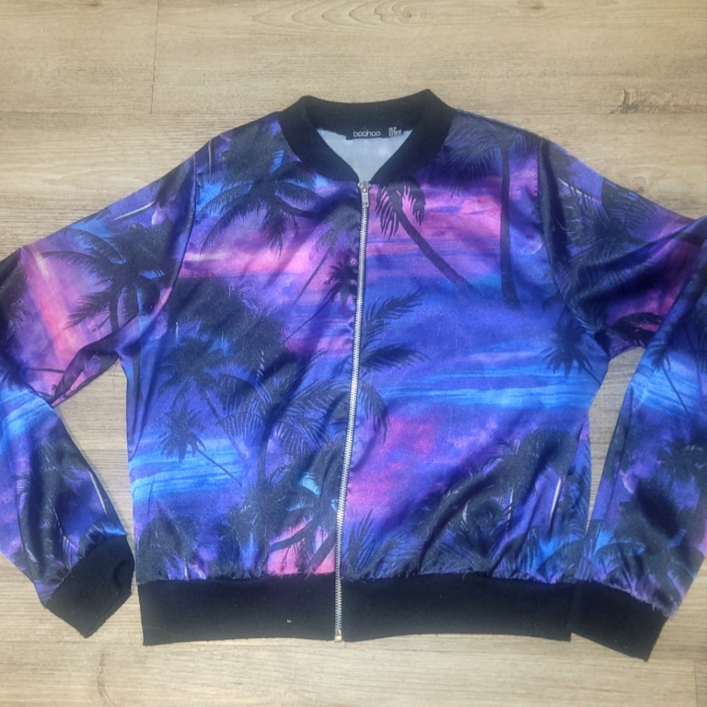 Boohoo Palm Print Bomber Jacket Size Medium